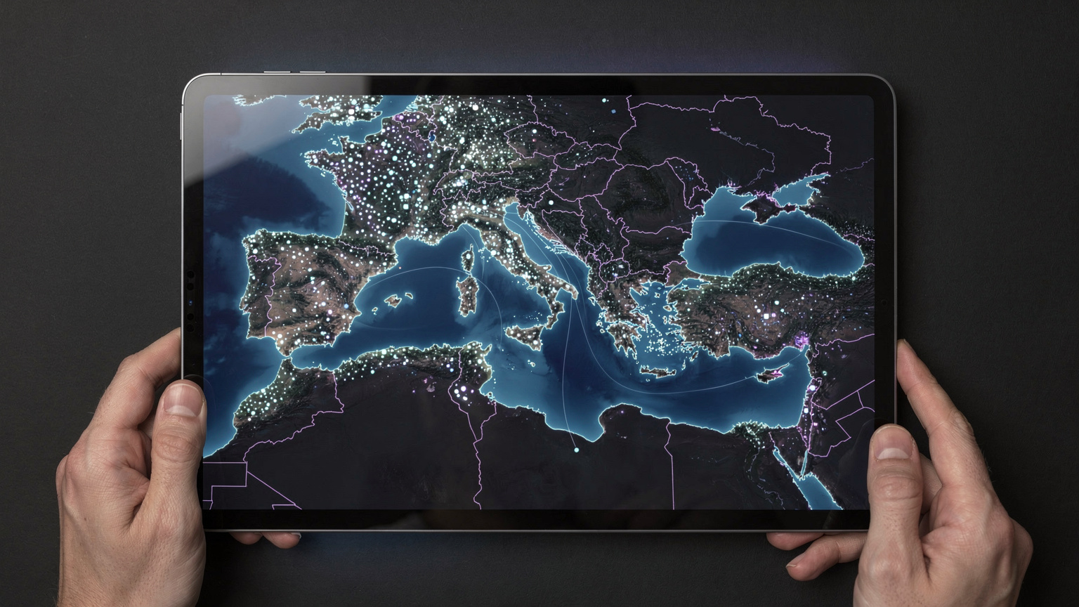 Une carte stylisée de la Méditerranée illuminée par des points lumineux, symbolisant la connectivité réseau des eSIM sur les côtes et îles, avec des lignes de données s'étendant entre les pays.