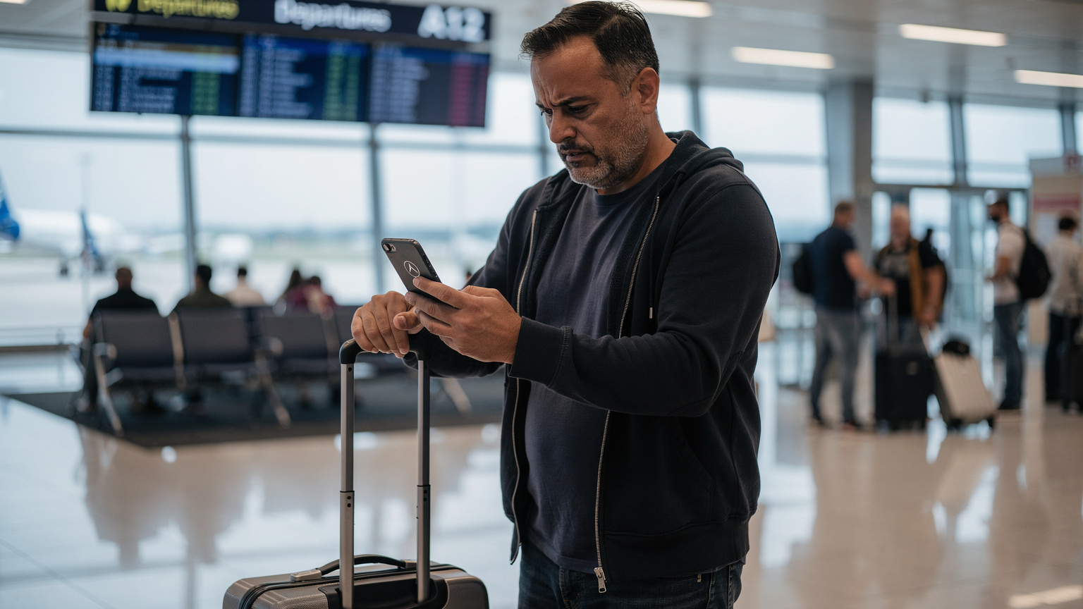 Un voyageur à l'aéroport, l'air frustré, regarde son smartphone affichant un message d'erreur de connexion, entouré de bagages et d'écrans d'affichage flous des départs.