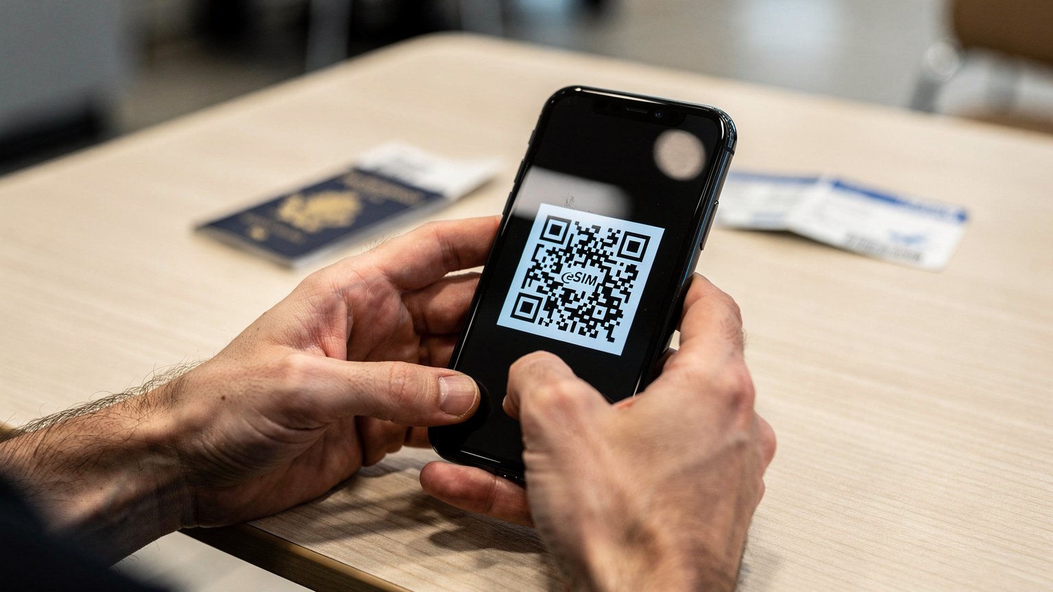 Des mains d'homme tiennent un smartphone affichant un QR code sur l'écran, avec un passeport français et un billet d'avion en arrière-plan flou, posés sur une table d'aéroport en bois clair.