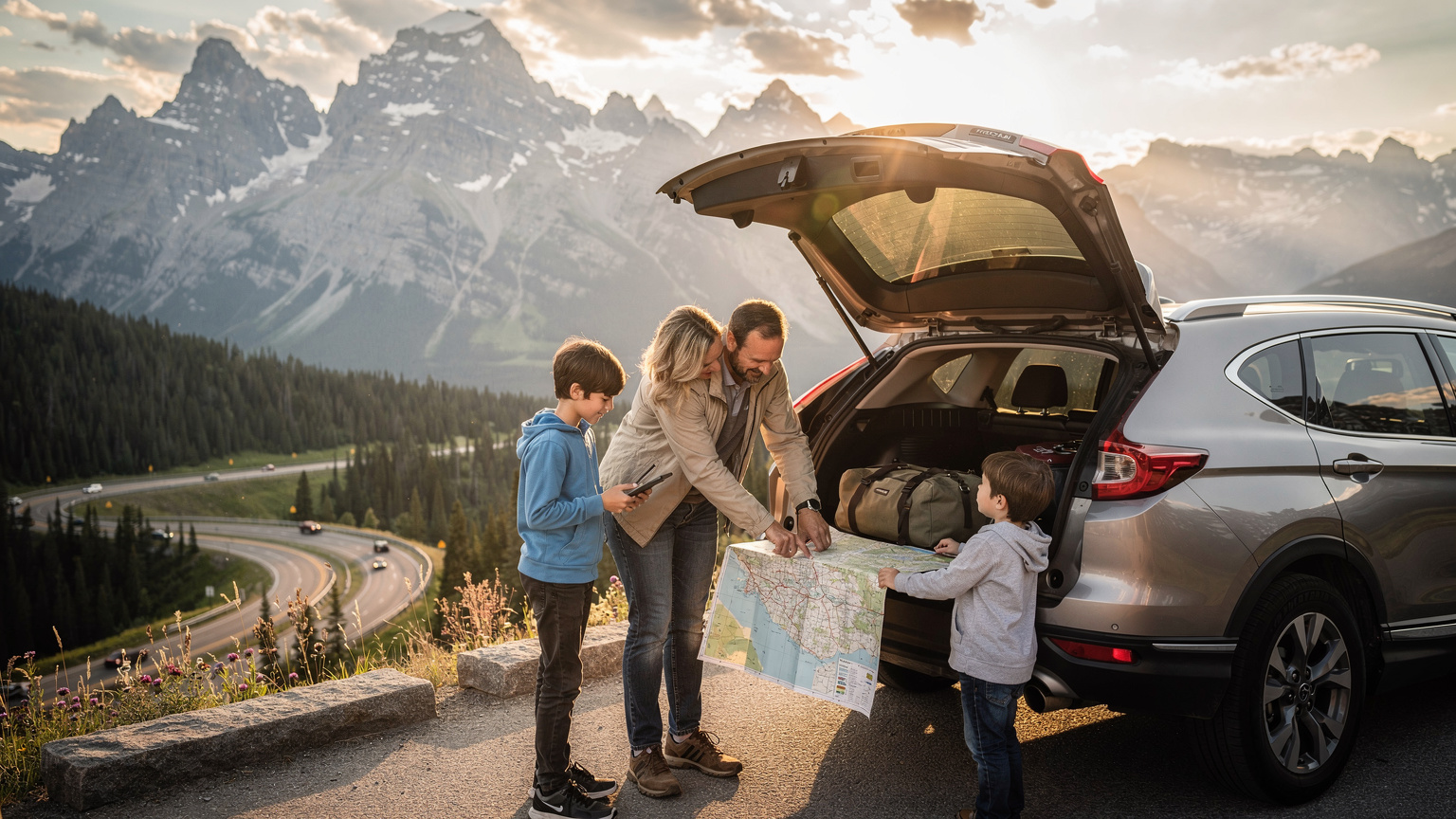 A family SUV parked at a scenic overlook in a US National Park, with parents looking at a map and two children in the back seat watching a tablet, surrounded by majestic mountains and a clear blue sky.