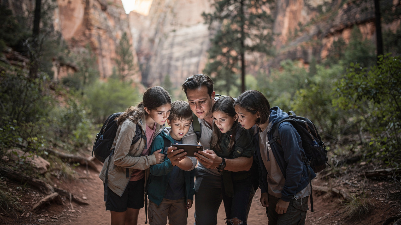A family is huddled around a smartphone, looking at an offline map in a remote, scenic part of a US National Park, with no visible cell towers.
