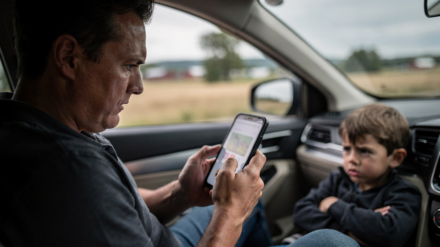A concerned parent looks at their smartphone screen, which shows a 'No Service' error, while their child sits impatiently in the passenger seat during a road trip.