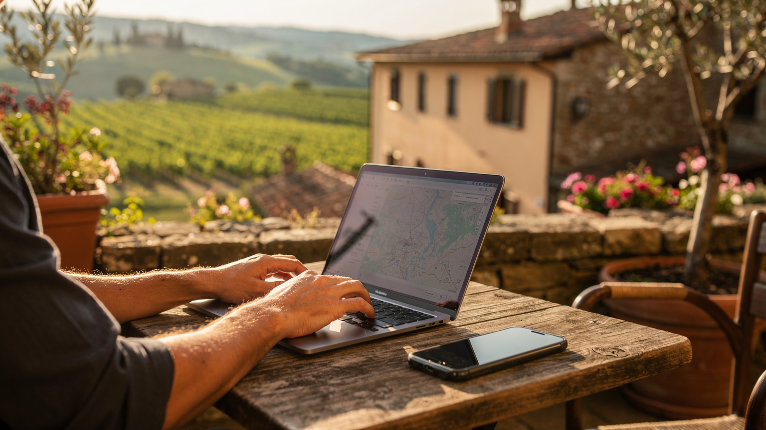 A digital nomad works on a laptop at a rustic outdoor cafe in a small village in Tuscany, surrounded by vineyards, with a smartphone displaying a map application next to the laptop.