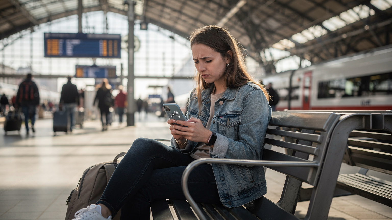 A traveler sits on a bench at a train station platform in Europe, looking frustrated at their phone screen with a 'No Service' error, while other passengers walk by.