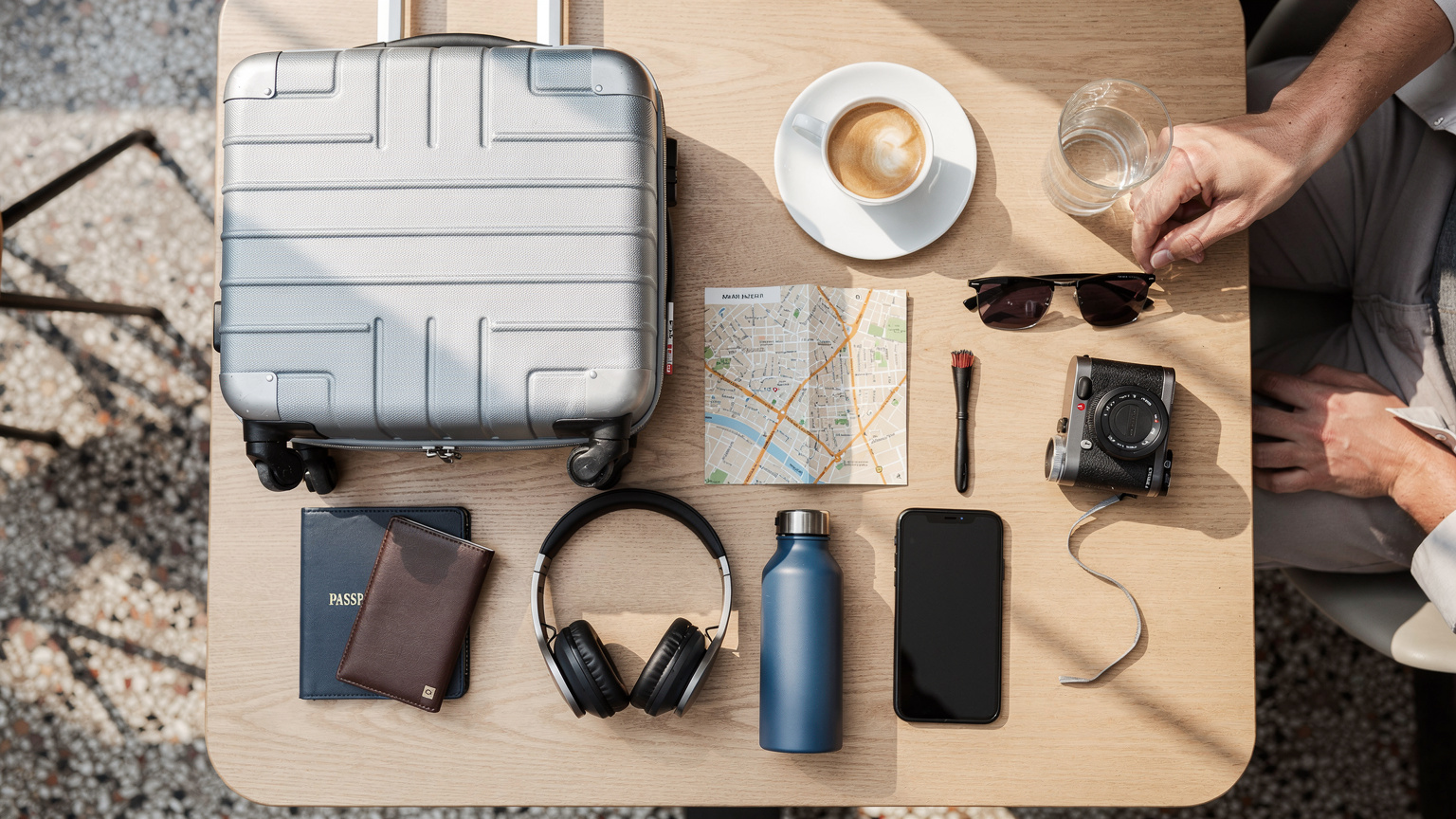 An overhead flat-lay shot of a neatly organized travel kit on a wooden cafe table: a passport, a smartphone with an eSIM QR code partially visible, noise-canceling headphones, and a small, folded city map of Amsterdam.