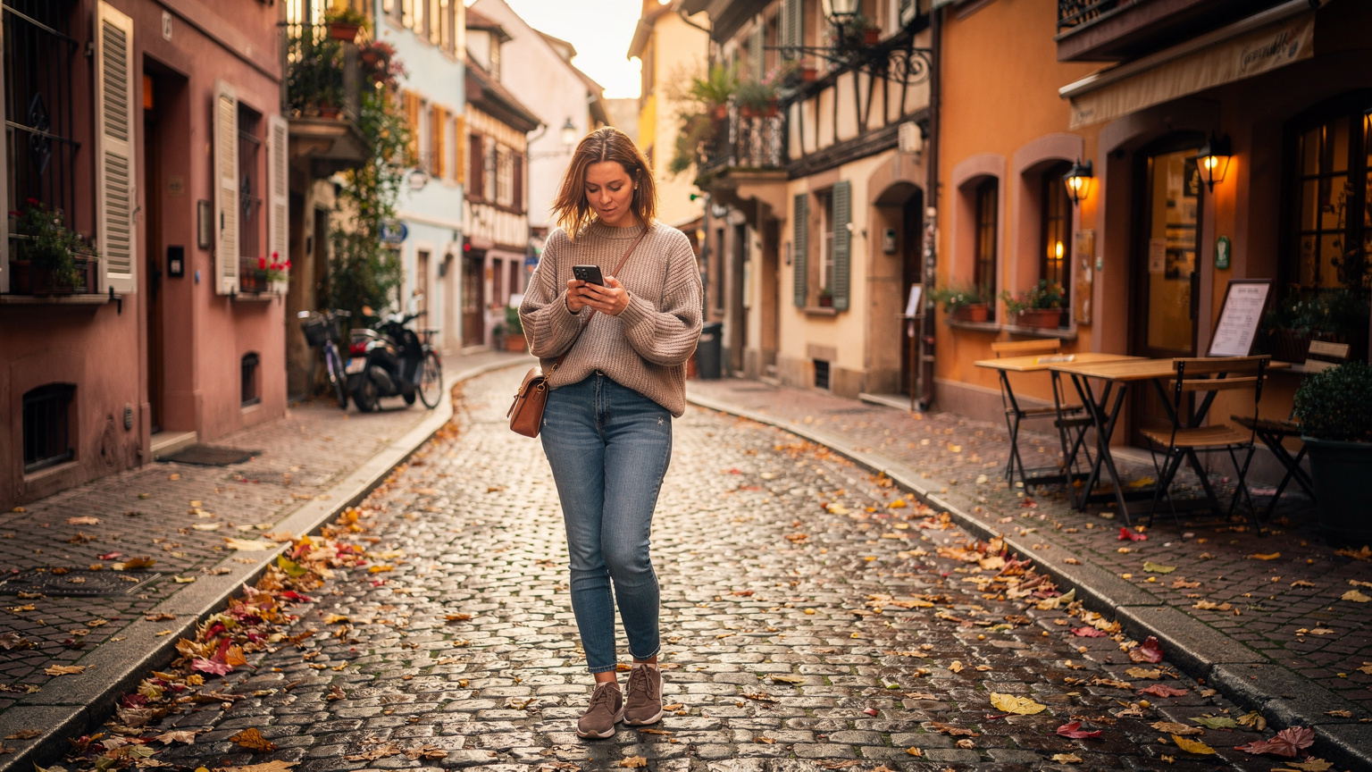 A traveler uses her phone to navigate the quiet, cobblestone streets of a historic European city in autumn, surrounded by charming cafes and golden foliage.