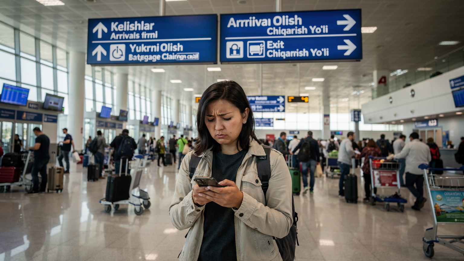 A woman traveler looks at her phone with a frustrated expression, standing amidst a crowd and luggage in the bustling, brightly lit arrival hall of Tashkent International Airport, Uzbekistan.