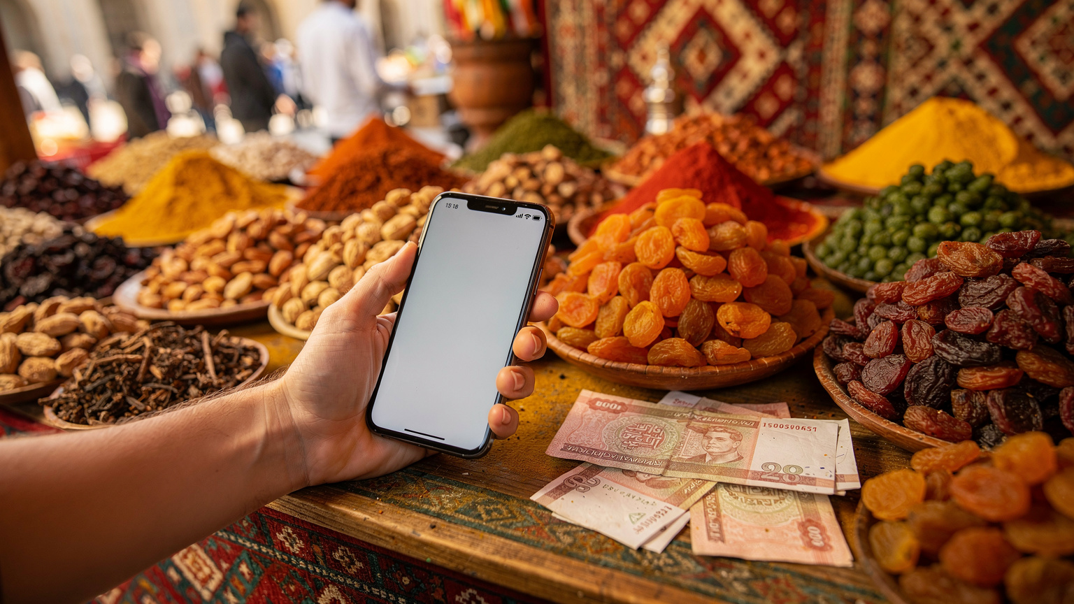Close-up of a digital nomad's hand making a mobile payment at a vibrant spice and dried fruit stall in a Samarkand bazaar, Uzbekistan, with local currency notes visible.