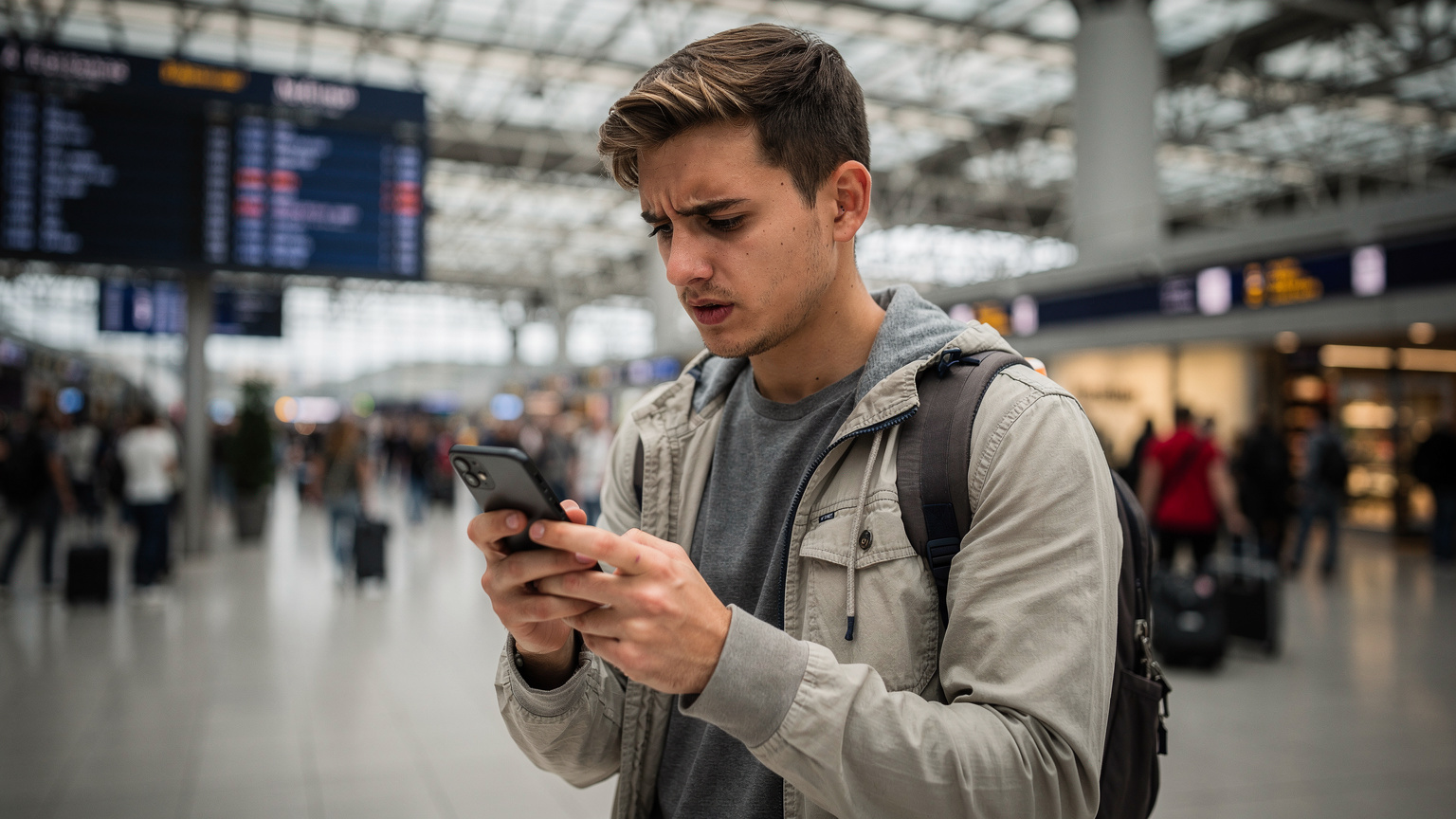 Ένας ταξιδιώτης με ένα smartphone στο χέρι, κοιτάζει την οθόνη με έκφραση προβληματισμού ή αναζήτησης, πιθανώς προσπαθώντας να βρει σύνδεση, σε ένα πολυσύχναστο αεροδρόμιο ή σταθμό τρένων στην Ευρώπη.