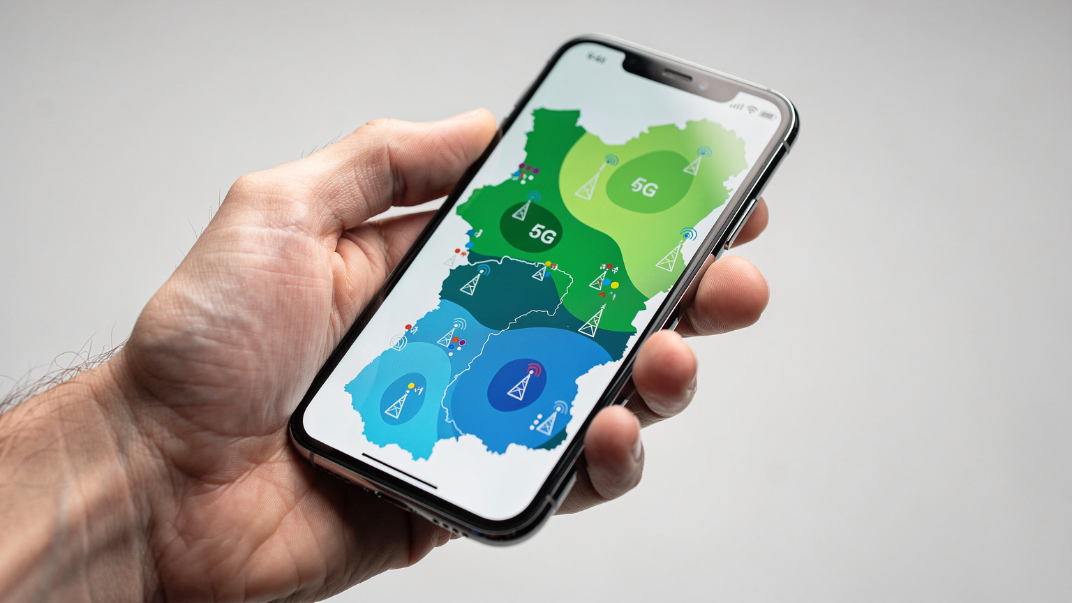 Ένα χέρι κρατάει ένα smartphone που δείχνει έναν χάρτη κάλυψης δικτύου, με πολύχρωμες ζώνες που υποδηλώνουν διαφορετικές ταχύτητες και τεχνολογίες (4G, 5G), σε πρώτο πλάνο.