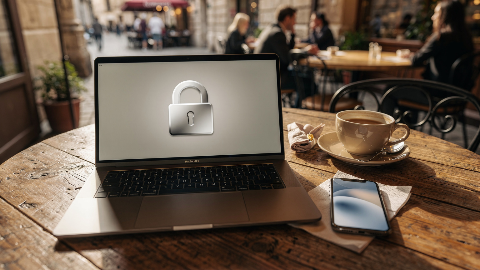 Ένα laptop και ένα smartphone εμφανίζονται σε ένα τραπέζι σε ένα πολυσύχναστο καφέ στην Ευρώπη, με μια κλειδαριά στην οθόνη του laptop, συμβολίζοντας την ασφάλεια των δεδομένων σε δημόσια δίκτυα Wi-Fi.