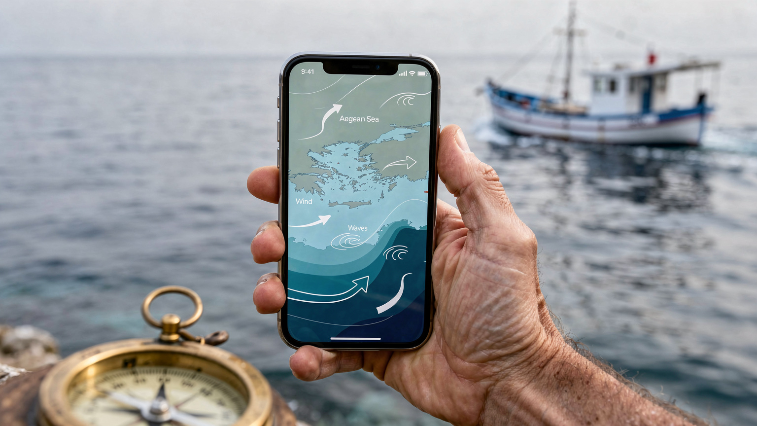 En förälder med en smartphone i handen, som visar en väderapp och en navigeringskarta över Egeiska havet, med en kompass i förgrunden och en traditionell grekisk fiskebåt som passerar i bakgrunden.
