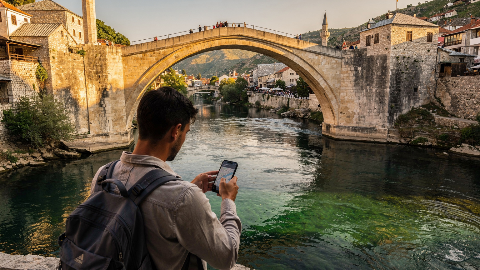 Mostar'daki Stari Most (Eski Köprü) üzerinde, bir gezginin telefonundaki haritayı kontrol ederken, tarihi köprü ve Neretva Nehri'nin güzelliği fon olarak kullanılmış.