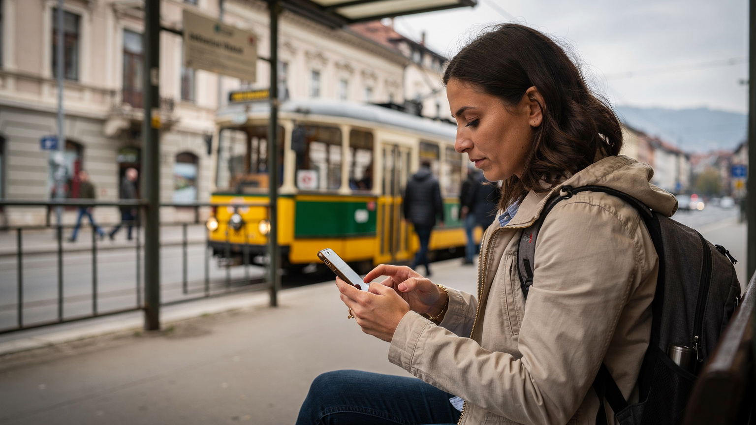 Saraybosna'da, tarihi bir tramvay durağında, elinde telefonla bir eSIM kurulumu yapan bir kadın. Arka planda hareketli şehir yaşamı ve tramvay hattı görülebilir.