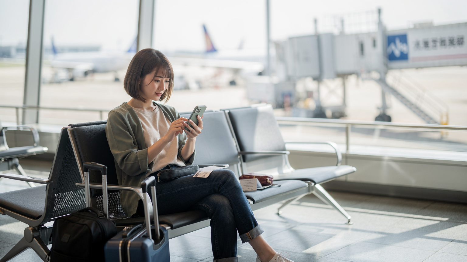 成田空港のベンチで出発直前にeSIMを設定する日本の若い女性旅行者。搭乗券とパスポートが横に置かれている。