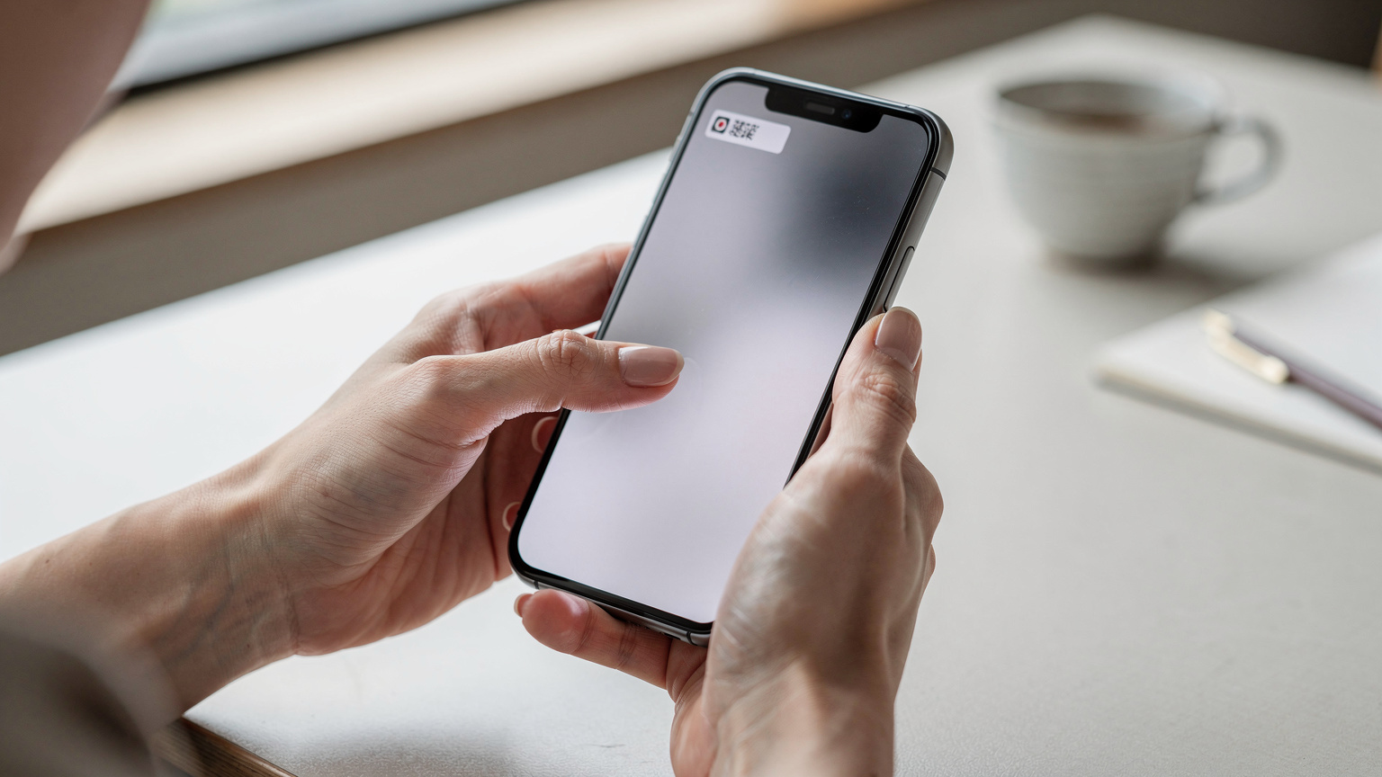 日本の女性の手がスマートフォンでeSIMのQRコードをスキャンしているクローズアップ。指が画面を操作しており、スムーズな設定を示唆している。