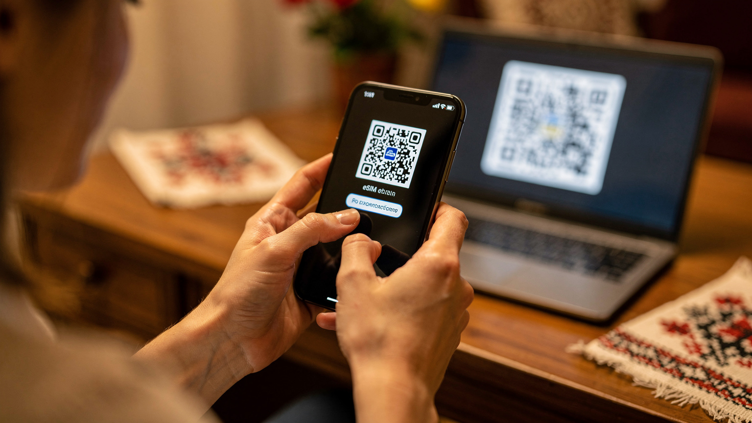 Крупний план рук матері, яка тримає смартфон і сканує QR-код eSIM, відображений на екрані ноутбука, у затишній домашній атмосфері, готуючись до подорожі.