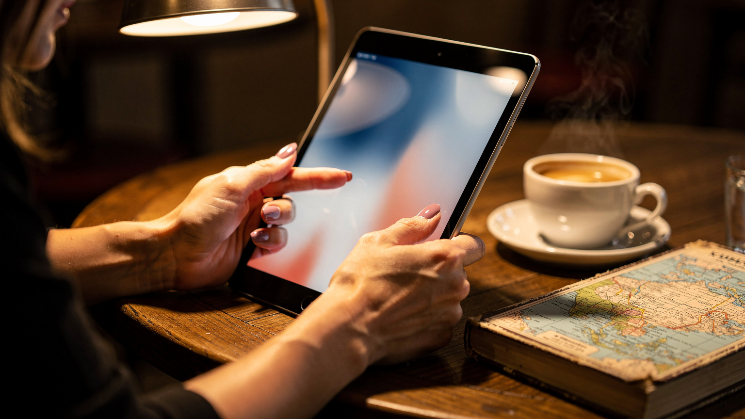 Una donna italiana con mani curate e unghie smaltate, tiene in mano un iPad e sta sfiorando lo schermo per scaricare un film da Netflix per la visione offline, con una tazza di caffè e una guida turistica sul tavolo accanto.
