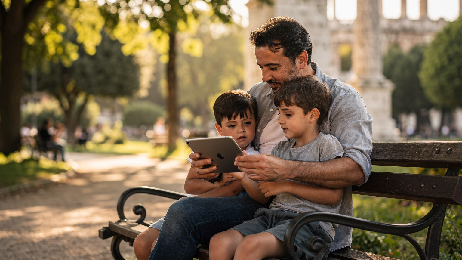 Un padre italiano si china amorevolmente per impostare i controlli parentali sull'iPad del figlio, seduti su una panchina in un parco pubblico a Roma, con alberi e un antico monumento sullo sfondo, illuminati dalla luce calda del tardo pomeriggio.