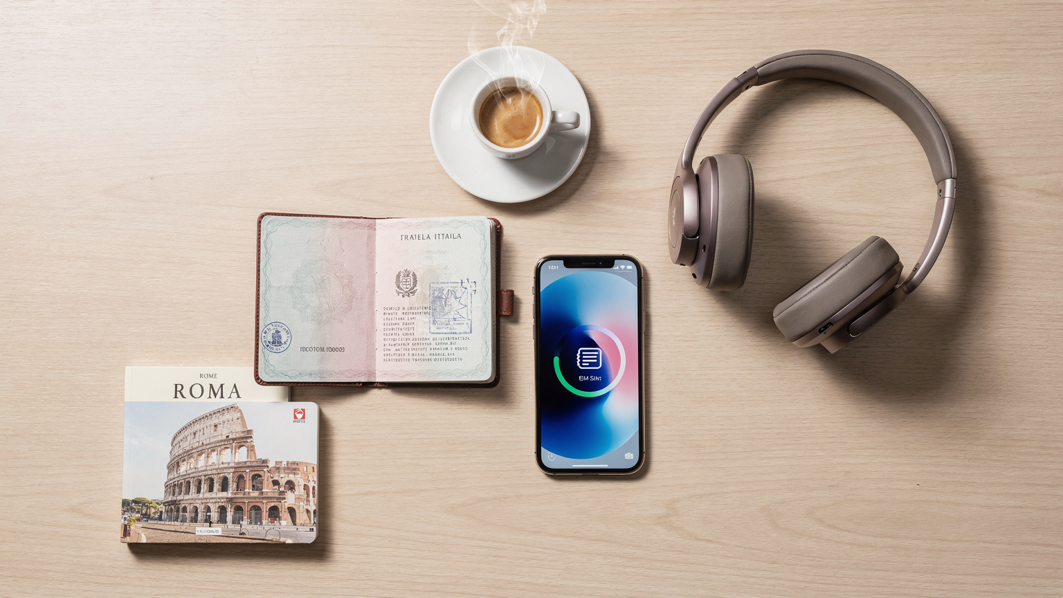 Un'immagine flat-lay di una scrivania da viaggio ordinata, con un passaporto italiano aperto, uno smartphone con un'eSIM attiva, cuffie over-ear, una piccola guida di viaggio di Roma e una tazza di caffè fumante, tutto disposto su una superficie di legno chiaro, sotto una luce morbida e naturale.