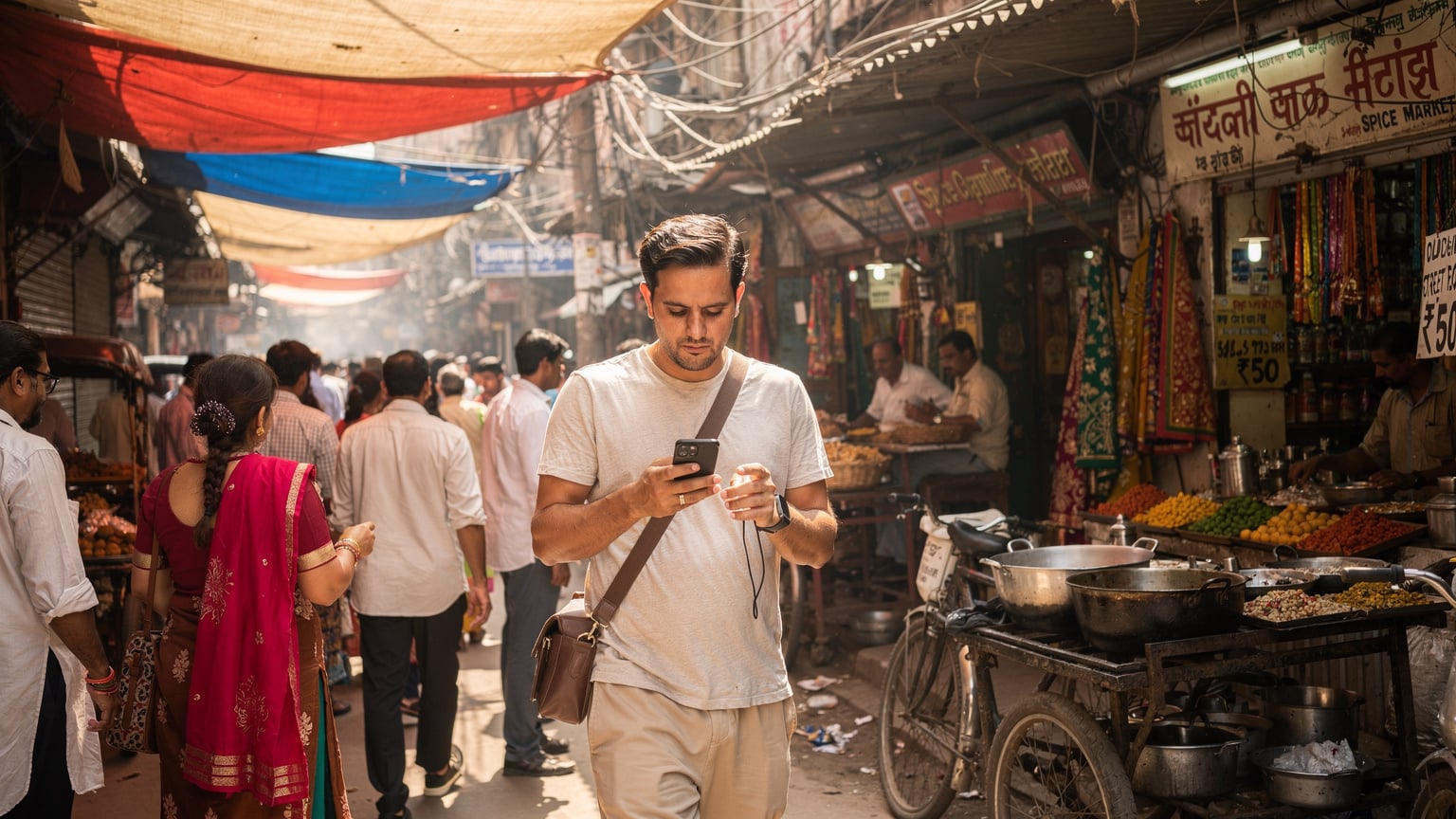 एक व्यक्ति दिल्ली के व्यस्त चांदनी चौक बाज़ार में अपने फोन पर Google Maps देख रहा है.