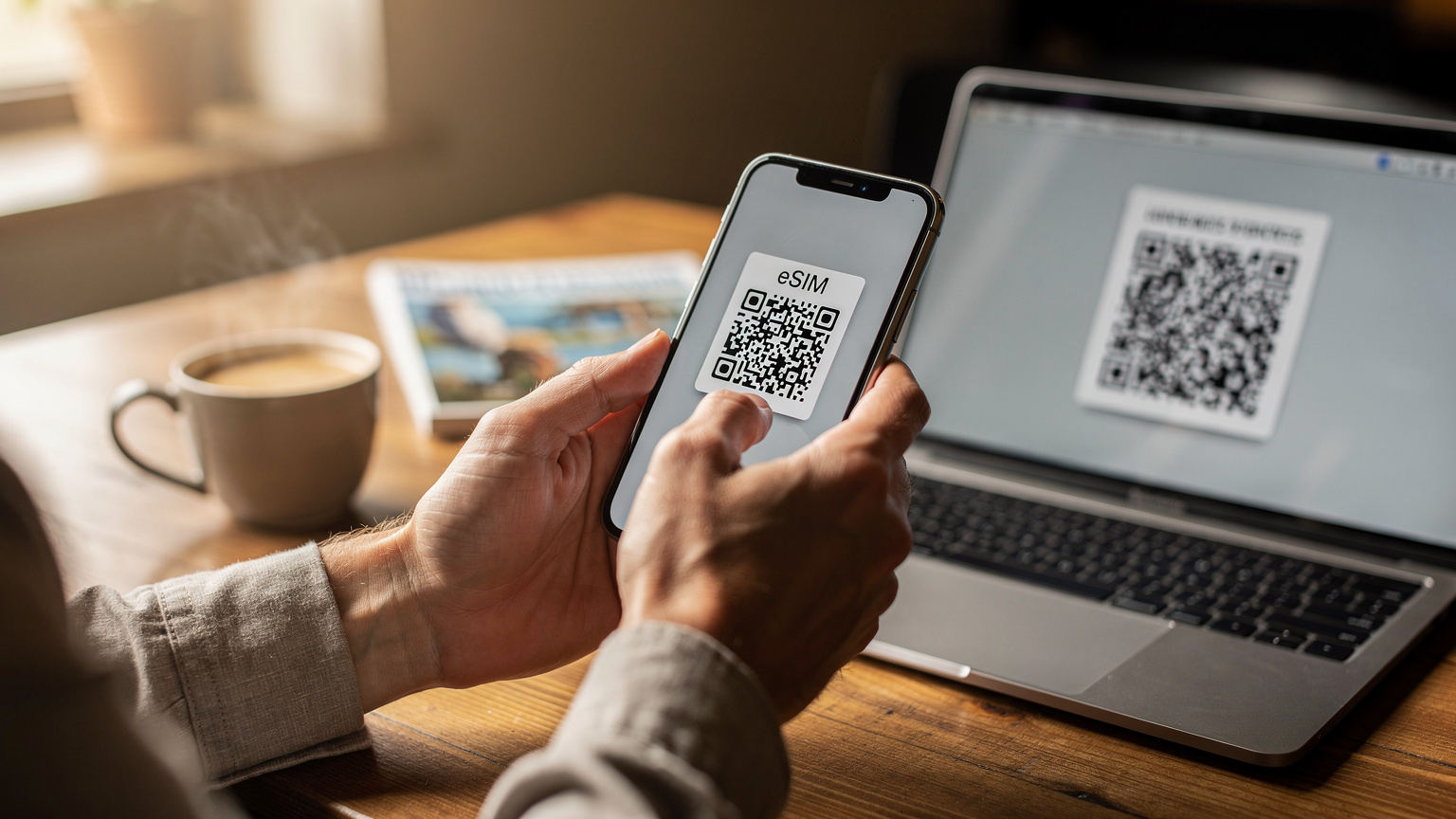 एक व्यक्ति अपने स्मार्टफोन पर एक eSIM QR कोड स्कैन कर रहा है, उसकी उंगलियाँ स्क्रीन पर केंद्रित हैं.