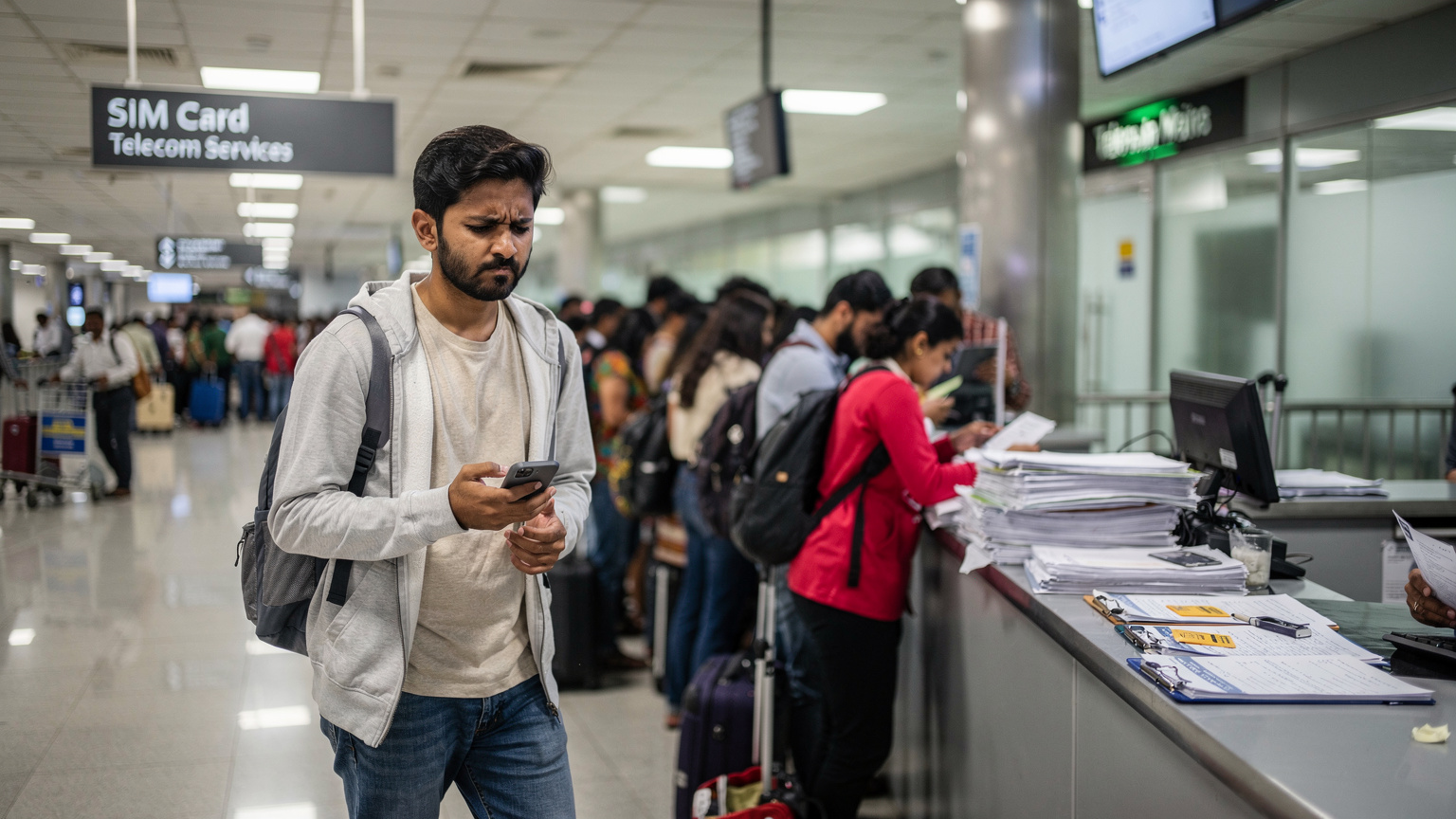 एक NRI यात्री, हवाई अड्डे के आगमन हॉल में, कागजी कार्रवाई के ढेर और लोकल सिम कार्ड एक्टिवेशन के लिए लंबी कतार देखकर परेशान दिख रहा है.