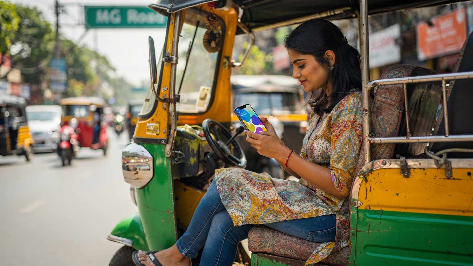 एक महिला बेंगलुरु के व्यस्त एमजी रोड पर एक ऑटो-रिक्शा में बैठी हुई अपने फोन पर Cellesim ऐप में विभिन्न eSIM प्लान्स को ब्राउज़ कर रही है.
