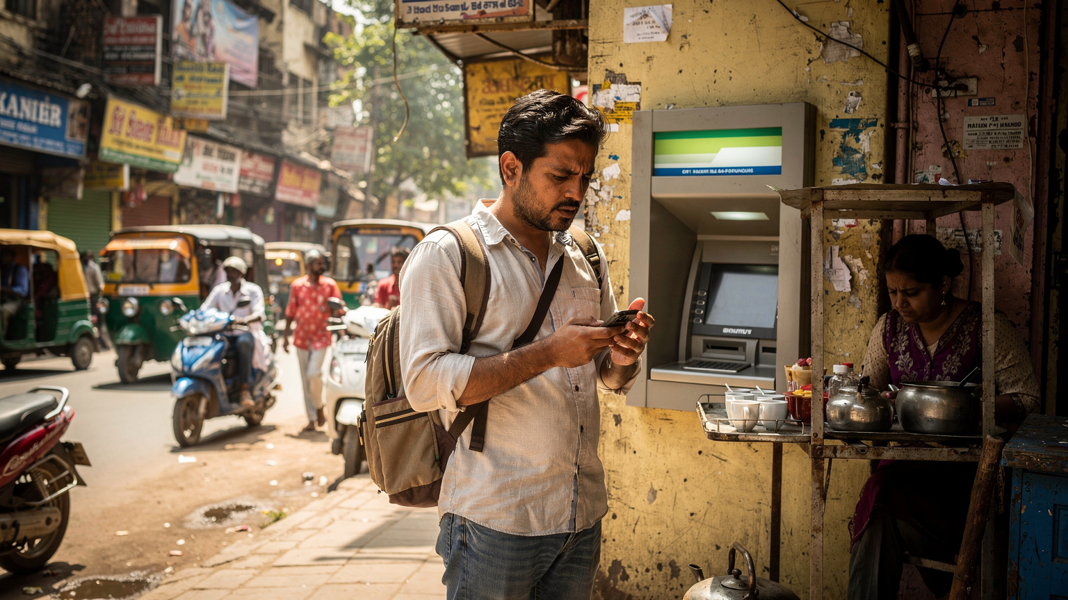 Seorang pria sedang mencoba melakukan transaksi di ATM di jalanan Mumbai, India, dengan ekspresi sedikit bingung pada ponselnya, menunjukkan tantangan verifikasi nomor lokal.