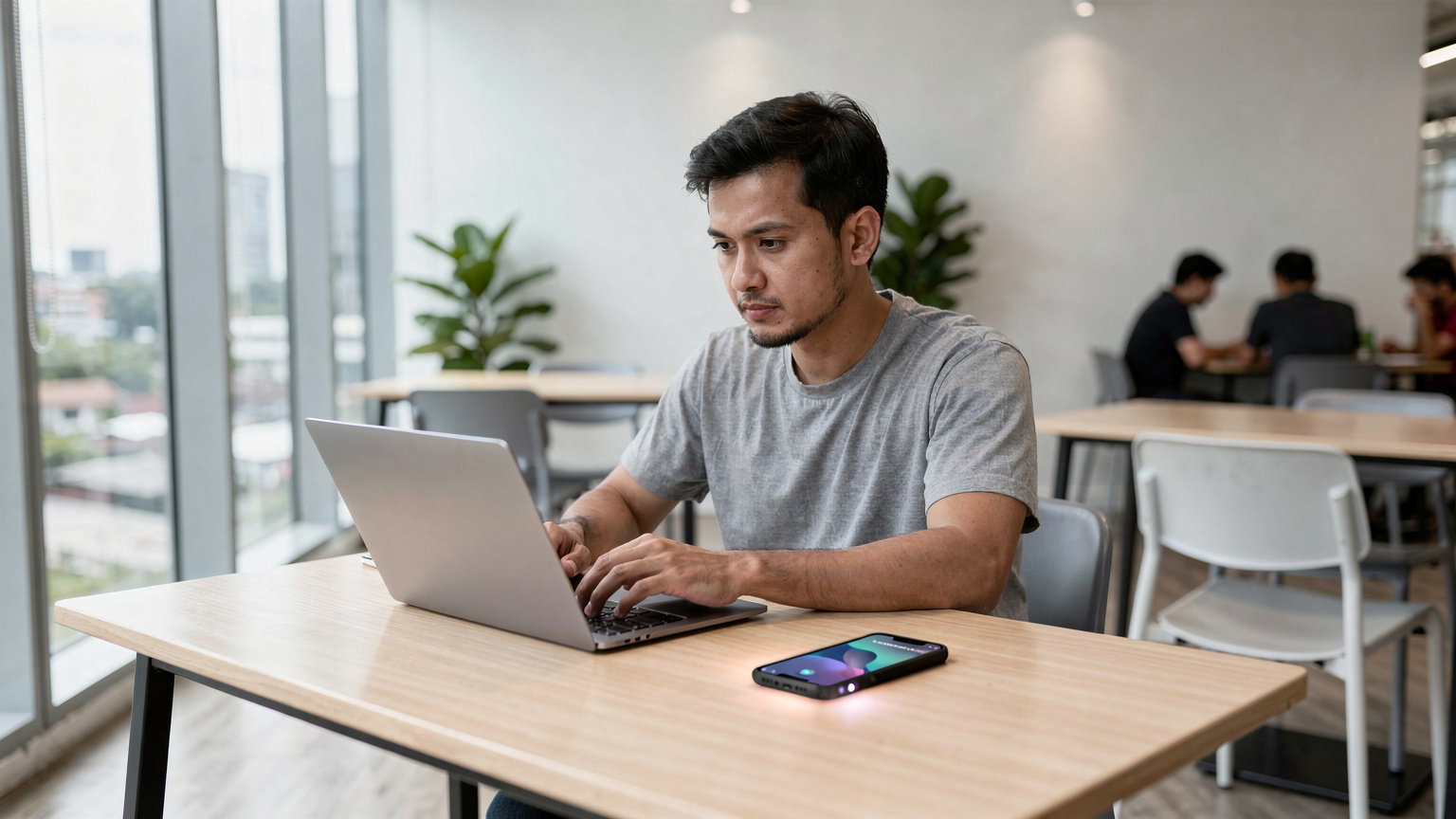 Seorang digital nomad sedang bekerja di sebuah co-working space modern di Jakarta, dengan laptop dan ponsel di meja, menunjukkan pentingnya koneksi internet yang stabil untuk produktivitas.