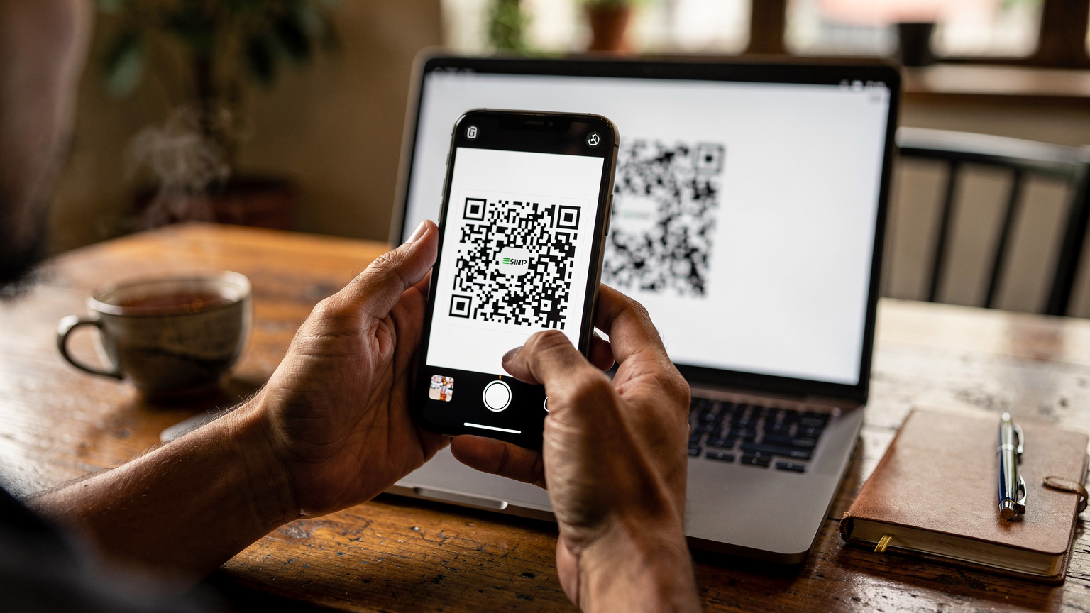 Tangan seseorang sedang memegang ponsel, memindai QR code eSIM dari layar laptop di atas meja kayu di sebuah kafe yang tenang, menunjukkan persiapan perjalanan yang cermat.