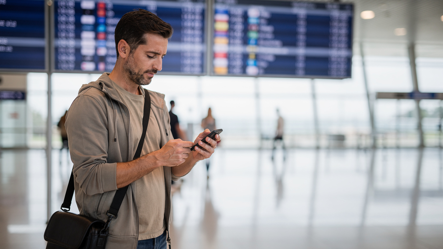Un viajero activa su eSIM escaneando un código QR en el aeropuerto de Barcelona-El Prat, con las pantallas de información de vuelos de fondo, indicando la facilidad de conexión antes incluso de salir de la terminal.
