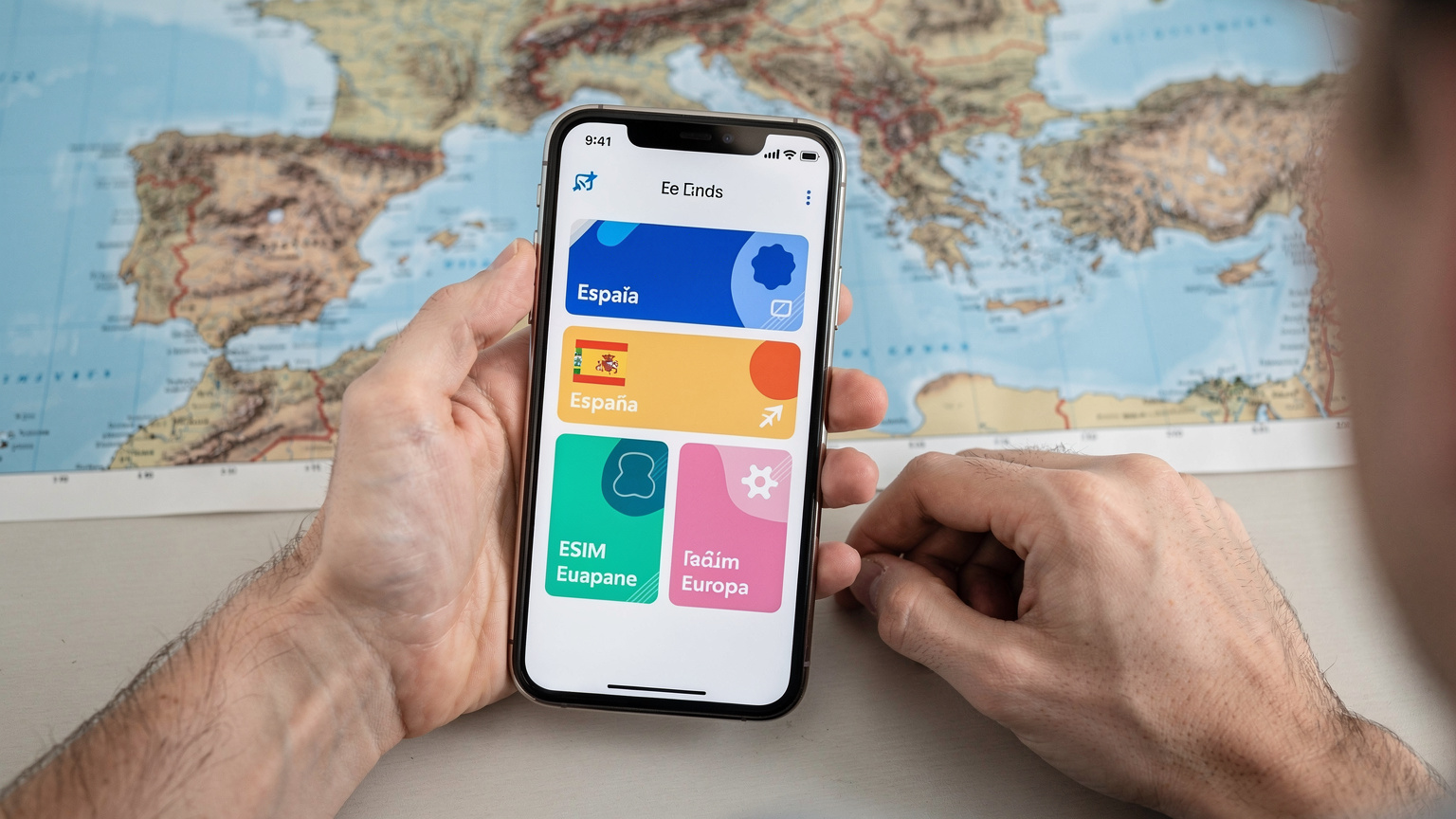 Manos de un viajero sosteniendo un teléfono con la aplicación Cellesim abierta, mostrando los diferentes planes de eSIM disponibles para España y Europa, con un mapa borroso del Mediterráneo de fondo.