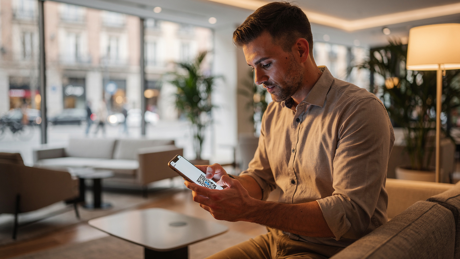 Un viajero con la vista puesta en su teléfono, mostrando el proceso de escaneo de un código QR para activar una eSIM. El fondo es un hotel moderno y luminoso en el centro de Madrid, con una atmósfera de negocios y ocio.