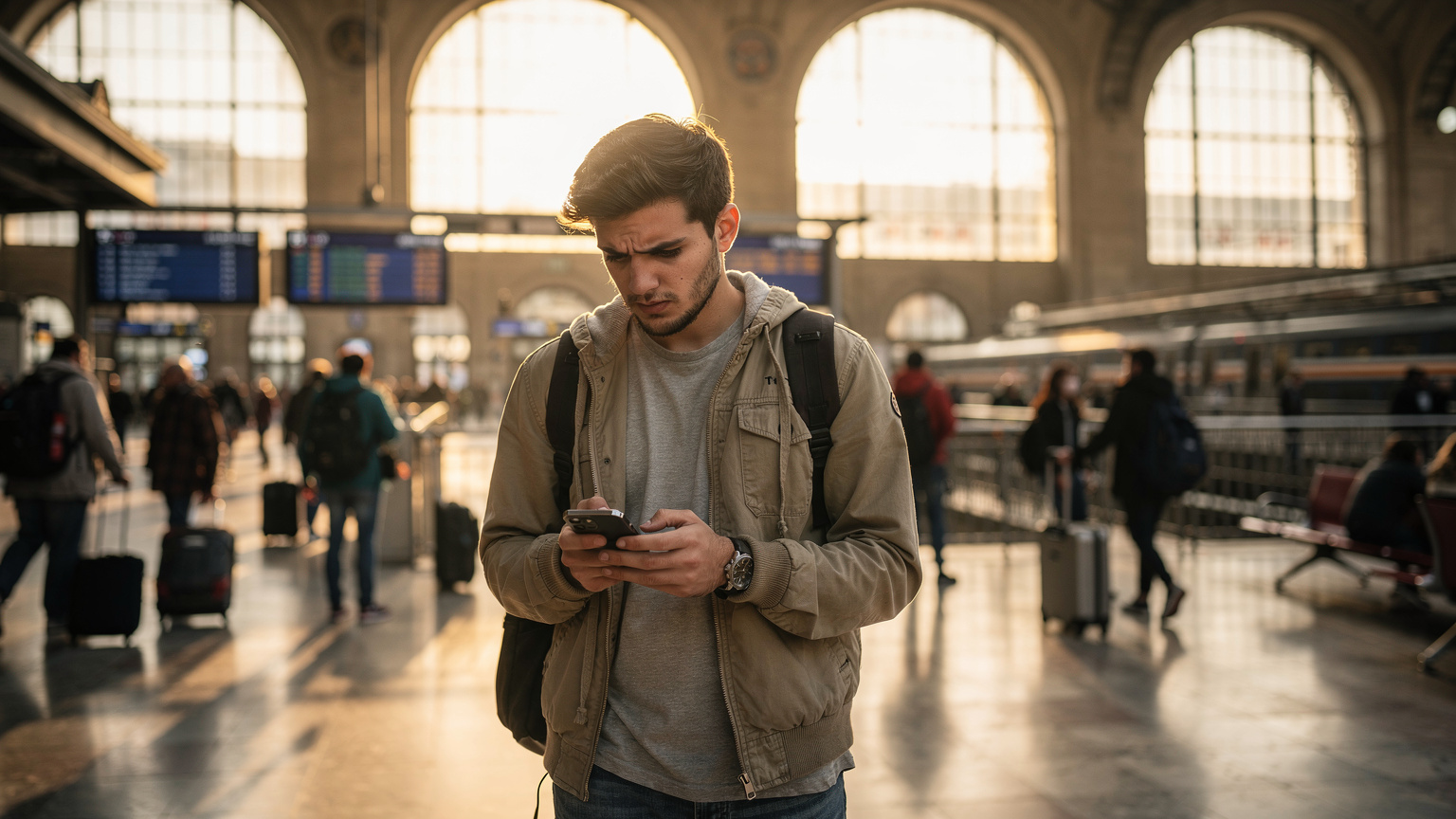 Un hombre joven, visiblemente frustrado, mira su teléfono en una estación de tren concurrida en Italia, mientras la gente pasa a su alrededor. La luz del atardecer entra por los ventanales.