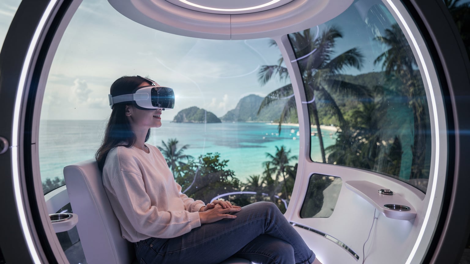 一位中国女性游客佩戴VR头显,在未来感休息舱中体验沉浸式东南亚海岛虚拟旅行。