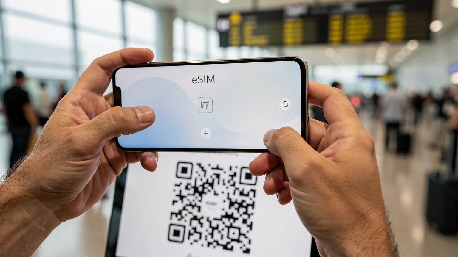Bir akıllı telefon ekranında eSIM kurulumu için QR kodu tarayan bir kişinin yakın çekim eli, arka planda bulanık bir havaalanı terminali.