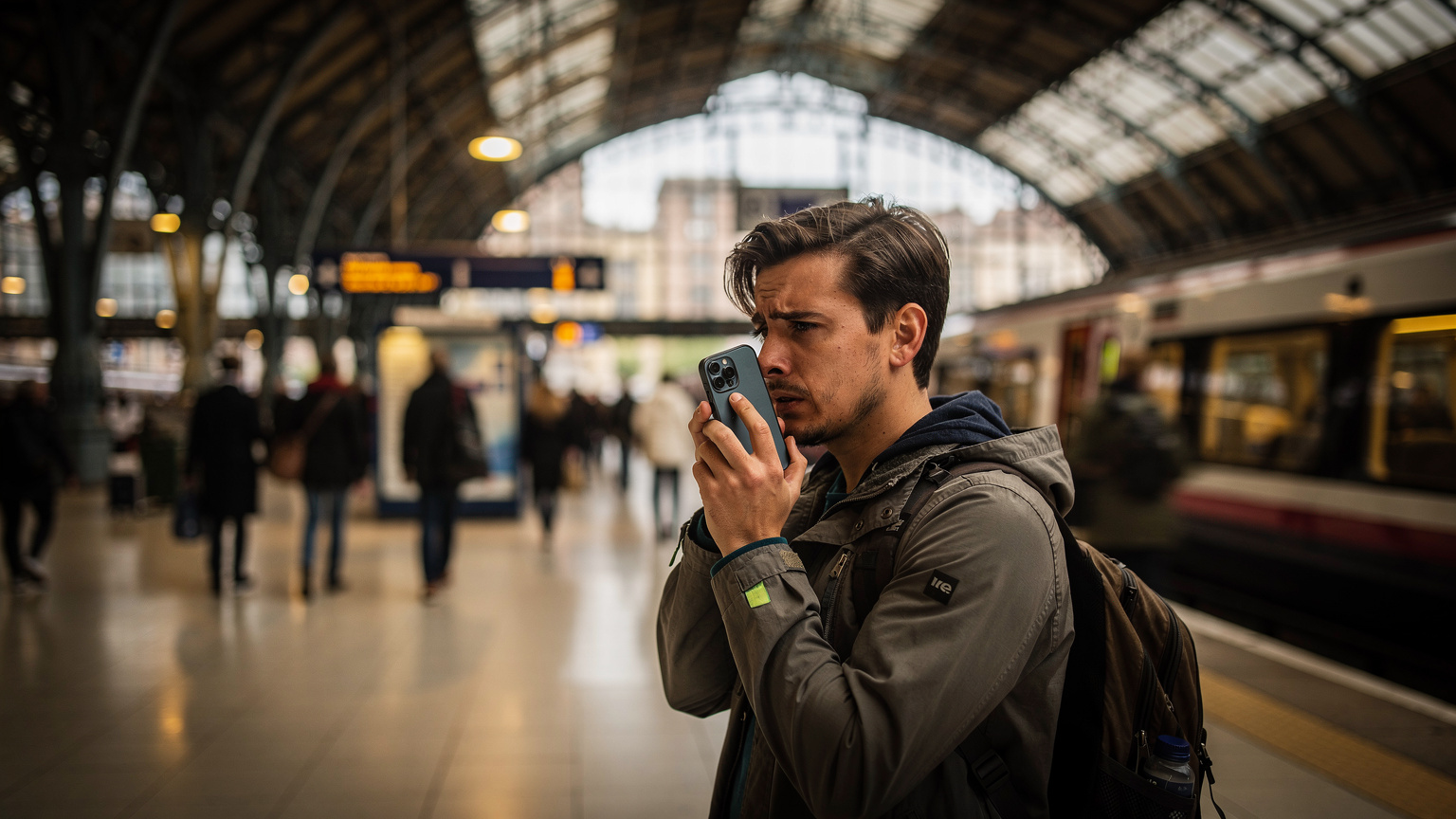 Londra'daki bir tren istasyonunda (örneğin King's Cross) elinde akıllı telefonuyla kalabalıkta bekleşen, muhtemelen bir arama yapmaya çalışan bir gezginin yandan çekimi. Arka planda tren peronları ve yolcuların yoğunluğu.