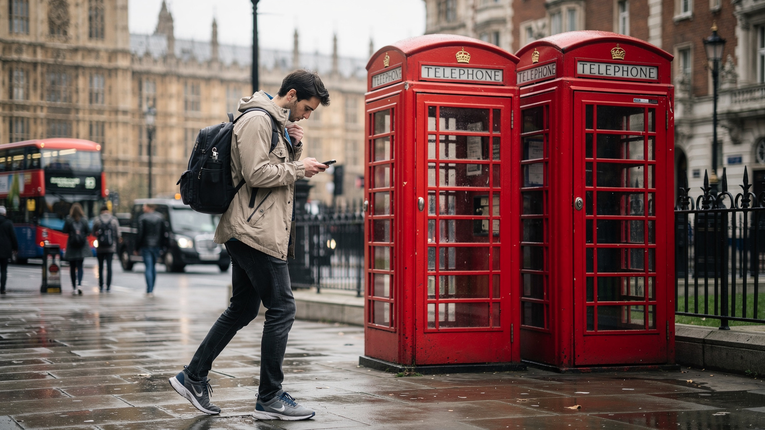Londra'nın ikonik kırmızı telefon kulübelerinin önünden geçen, akıllı telefonunda bir haritayı kontrol eden bir gezgin.
