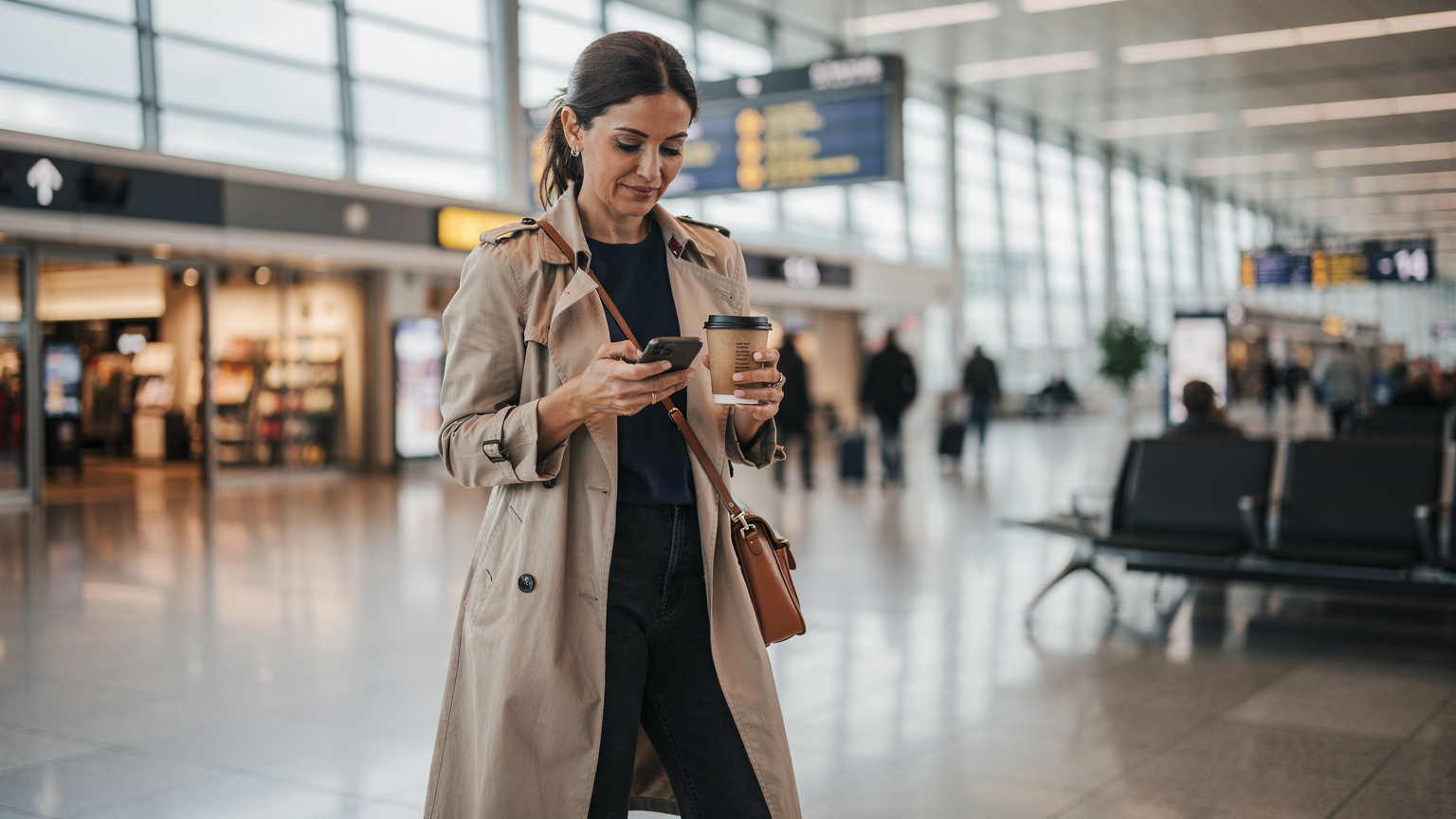 Een reiziger staat met een iPhone en een kop koffie in een drukke, maar moderne luchthaventerminal, gemakkelijk haar eSIM activerend.