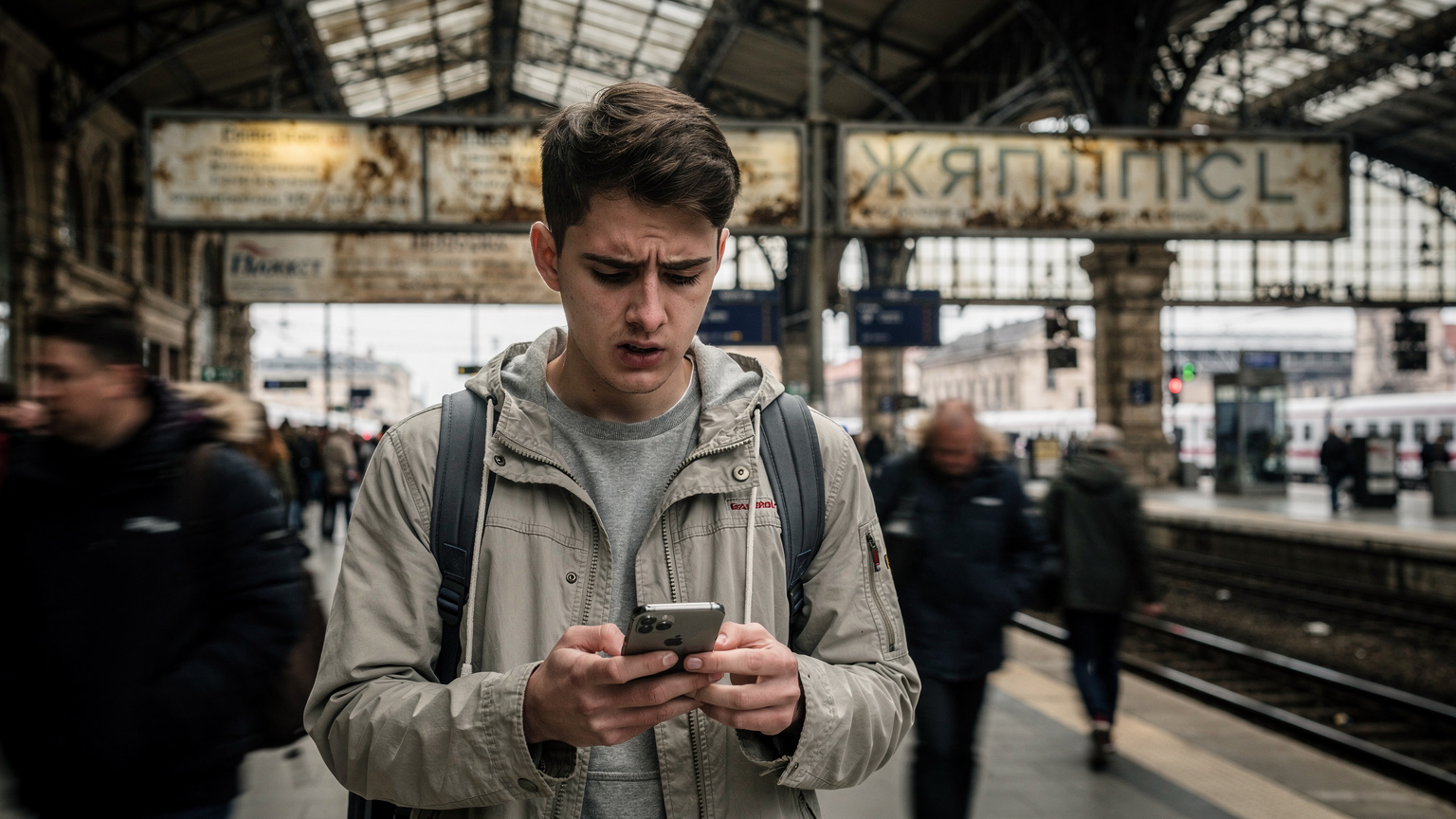 Een reiziger kijkt zorgelijk naar haar telefoon op een treinstation, omringd door onleesbare borden in een vreemde taal, symboliserend de stress van geen connectiviteit.