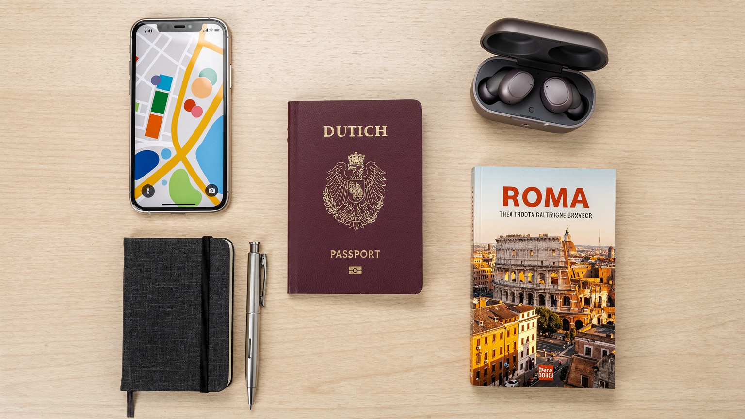 Een georganiseerde flat-lay van reisbenodigdheden: een paspoort, een iPhone met een geopende kaart-app, oordopjes, en een kleine notitieboekje, wat efficiënt reizen symboliseert.