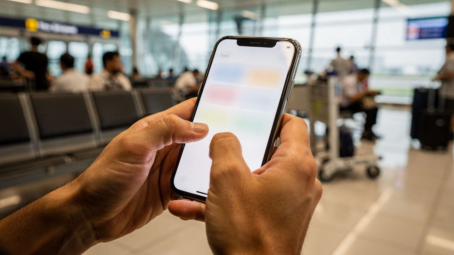 A traveler meticulously reviews eSIM activation details on their iPhone at a bustling airport gate, ensuring all settings are correct before departure.