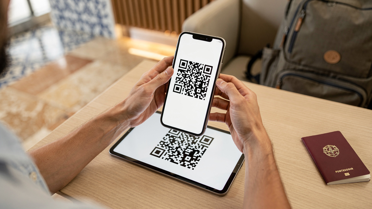Mãos de uma pessoa a segurar um iPhone 18, digitalizando um QR code para ativar um eSIM, com um tablet exibindo o QR code ao lado. O cenário é um aeroporto moderno e bem iluminado em Lisboa, com uma mochila de viagem e um passaporte à vista.