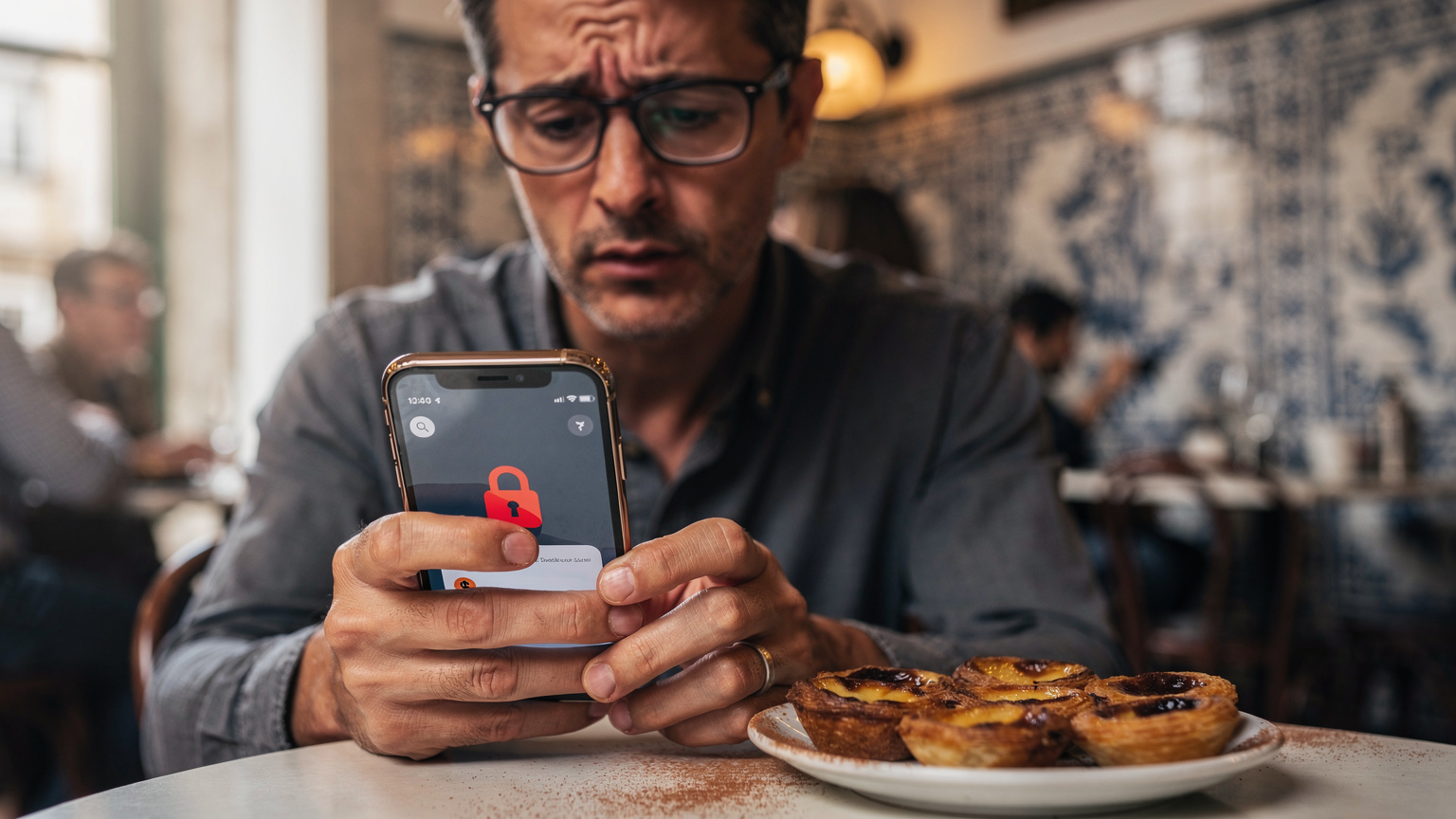 Uma pessoa de óculos a olhar para o seu iPhone 18 com uma expressão preocupada, enquanto o ecrã mostra uma mensagem de erro ao tentar ligar-se a uma rede Wi-Fi pública não segura num café movimentado em Lisboa, com uma pastelaria portuguesa ao lado.