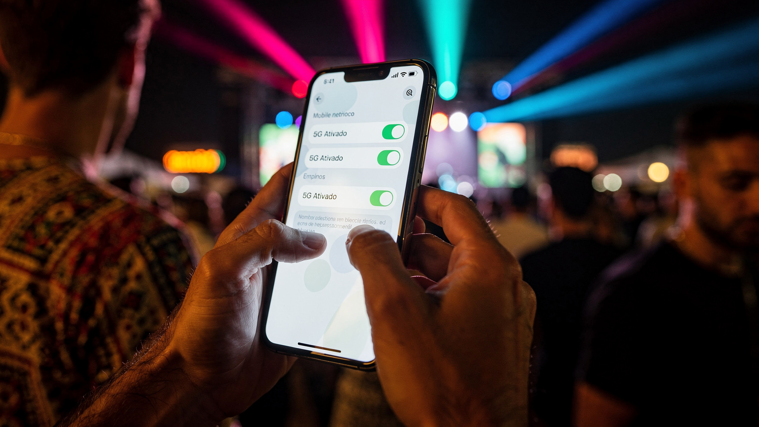 As mãos de uma pessoa a navegar nas definições de rede móvel de um iPhone 18, com a opção '5G Ativado' destacada no ecrã. O ambiente é um local de festival à noite, com luzes difusas e cores vibrantes ao fundo.