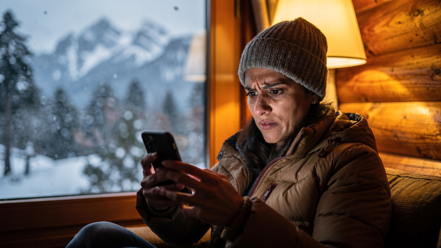 Uma mulher brasileira com um casaco de inverno e um gorro, olhando com preocupação para a tela de seu smartphone enquanto tenta fazer uma chamada de vídeo para a família, com a paisagem nevada de Bariloche ao fundo e um aviso de 'sem serviço' ou 'roaming' na tela. Ela está perto de uma janela em um chalé aconchegante, com luz suave do entardecer.
