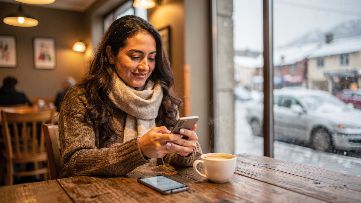 Uma mulher brasileira (Isabela Santos) sentada em um café aconchegante em Ushuaia, Argentina, com uma xícara de café quente e um smartphone na mesa. Ela está usando o aplicativo de um banco para verificar os gastos da viagem, com uma expressão relaxada e satisfeita, enquanto a neve cai suavemente do lado de fora da janela.