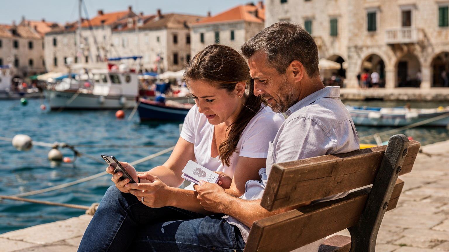 Ένα ζευγάρι ελέγχει έναν χάρτη στο smartphone του, ενώ το άλλο άτομο κρατάει το διαβατήριο και ένα φάκελο, καθισμένοι σε ένα παγκάκι σε ένα πολυσύχναστο λιμάνι στην Κροατία, με πλοία και την Αδριατική Θάλασσα στο παρασκήνιο.