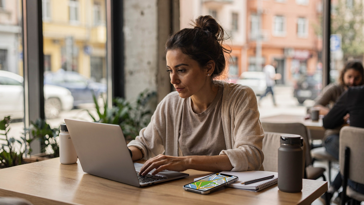 Μια γυναίκα με laptop και smartphone σε ένα φωτεινό, μοντέρνο co-working space στα Τίρανα, Αλβανία, με μεγάλα παράθυρα και θέα σε ένα πολυσύχναστο δρόμο.